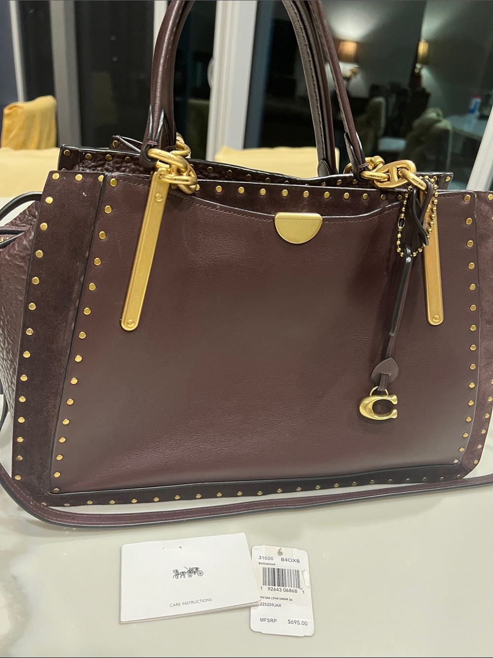 Coach Burgundy Leather Satchel with Gold-Tone Stud Accents